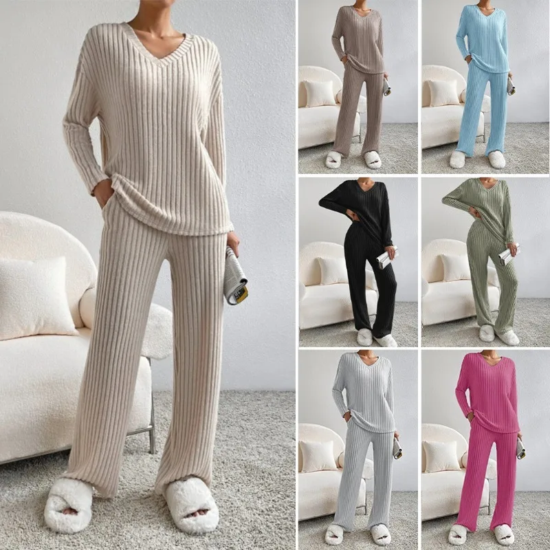 Two-piece Set Women Autumn New Fashion Casual Straight-leg Pants Temperament Loose V-neck Pit Strip Knitted Cover