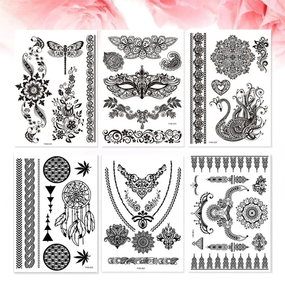 

6 листов кружевных наклеек-тату в винтажном стиле для тела, лица, груди, рук, ног, водонепроницаемые, для повседневного использования, для женщин, художественные