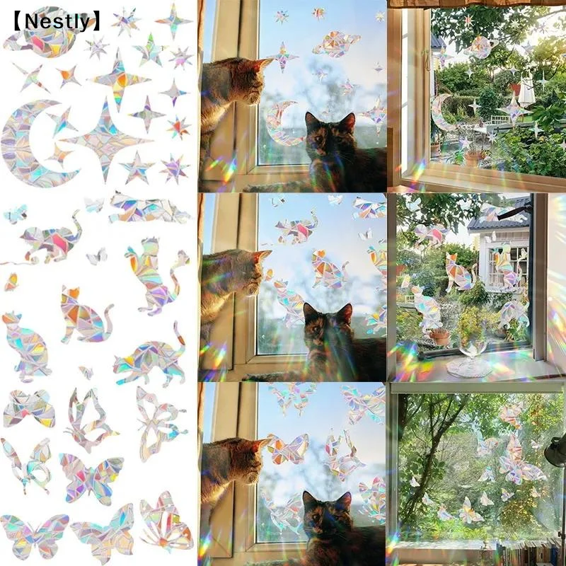 Pegatinas de pared atrapasoles Rainbow Maker, diseño de gato, pájaro, estrella, hongo, luna, sol, pegatinas electrostáticas de prismas para ventanas de vidrio DIY〔Nest〕