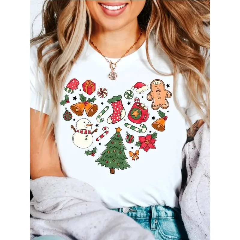 

Christmas Heart Print TShirt Holiday Design Printed Women's Summer T-shirt Top, Short Sleeved Round Neck Casual Women's Clothing