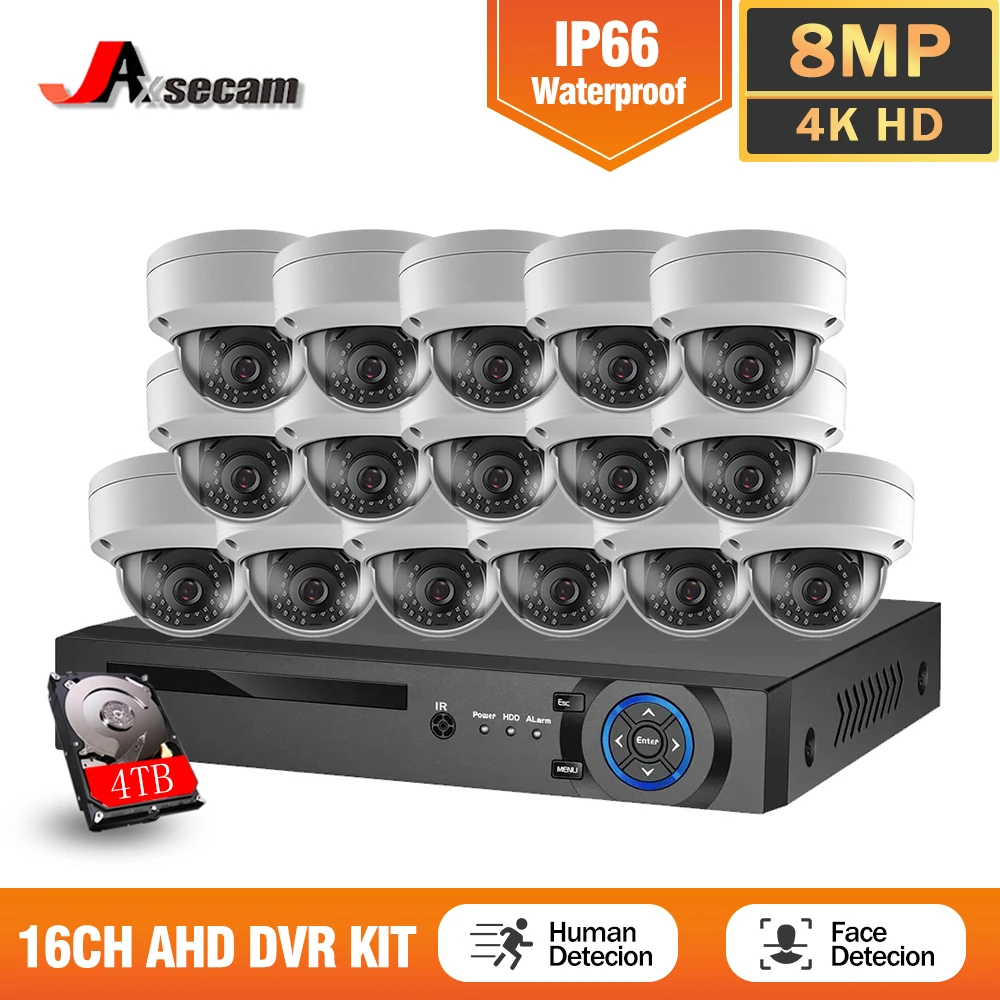 H.265 AHD Home Security Camera System 4K 16CH DVR Kit AI Face Record With 16*8MP Camera HD CCTV Video Surveillance System Set