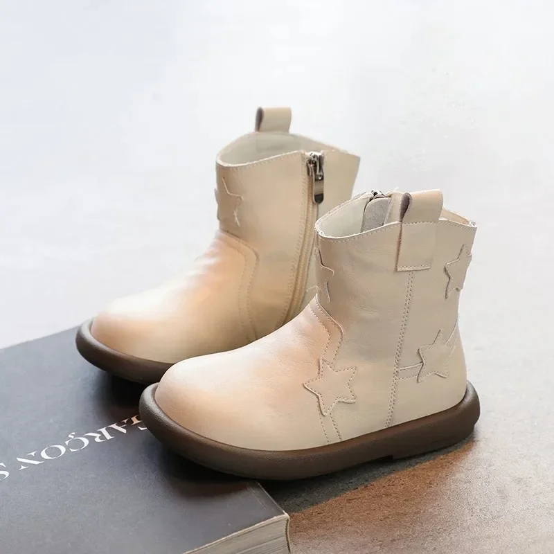 Girls Fashion Boots Autumn Winter PU Leather Plush Warm Kids Boots Zip Soft Non Slip Children Ankle Shoes 26-36