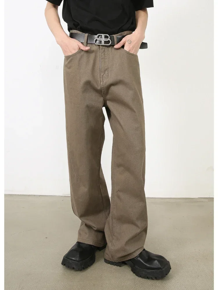 

Men Jeans Denim Pant Floor Length Pants Pocket Casual Loose Straight Trousers Simple Solid High Waist Splice Autumn Winter Jean