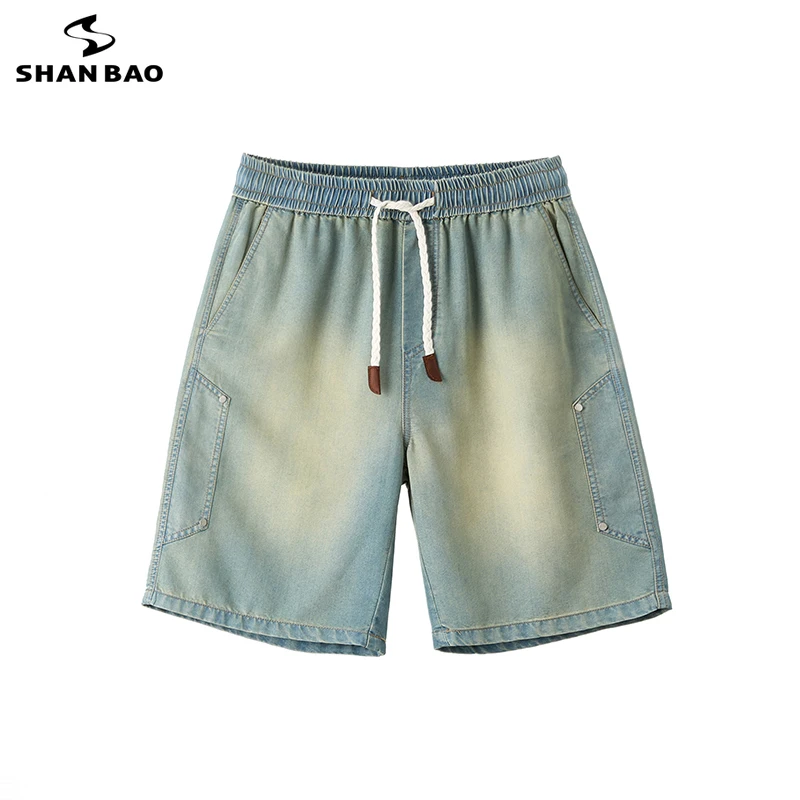 

SHAN BAO summer men's lightweight lyocell denim shorts classic elastic waist drawstring plus size straight loose casual shorts