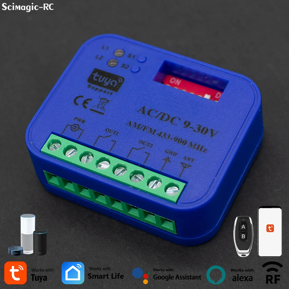 Tuya Smart Garage Door Receiver 2 Channels Wifi Relay Switch Work For 300-900MHz 433.92MHz 868MHz Gate Remote Control