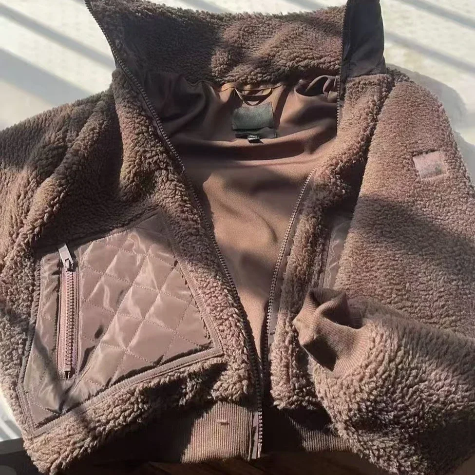 AI Winter New Men's and Women's Coats Splicing Rhombus Pocket Lamb Wool Thickened Windproof Warm Coat Solid Color Casual Jacket