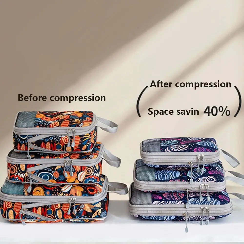 4pcs/set Portable Printed Compression Storage Bag Large Capacity Foldable Packing Cubes Washable Dampproof Suitcases Bag Outdoor