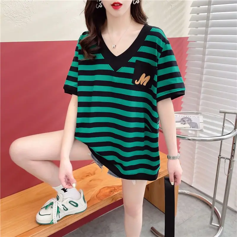 

Fashion V-Neck Loose Printed Striped Short Sleeve T-Shirt Female Clothing 2024 Summer New Oversized Korean Tops Casual Tee Shirt