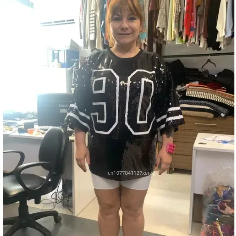 Nuovo vestito da spettacolo di danza jazz Vestito da ballo per performance di cantanti femminili T-shirt lunga con glitter per palcoscenico di danza di strada hip-hop