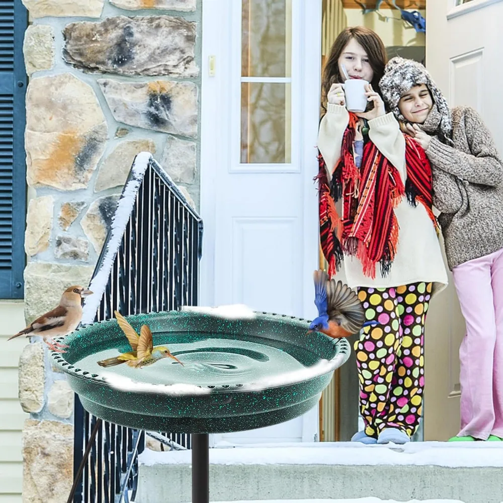 Bagno per uccelli riscaldato da 75 W con termostato, ciotola profonda e palo in metallo per tutte le stagioni - Verde
