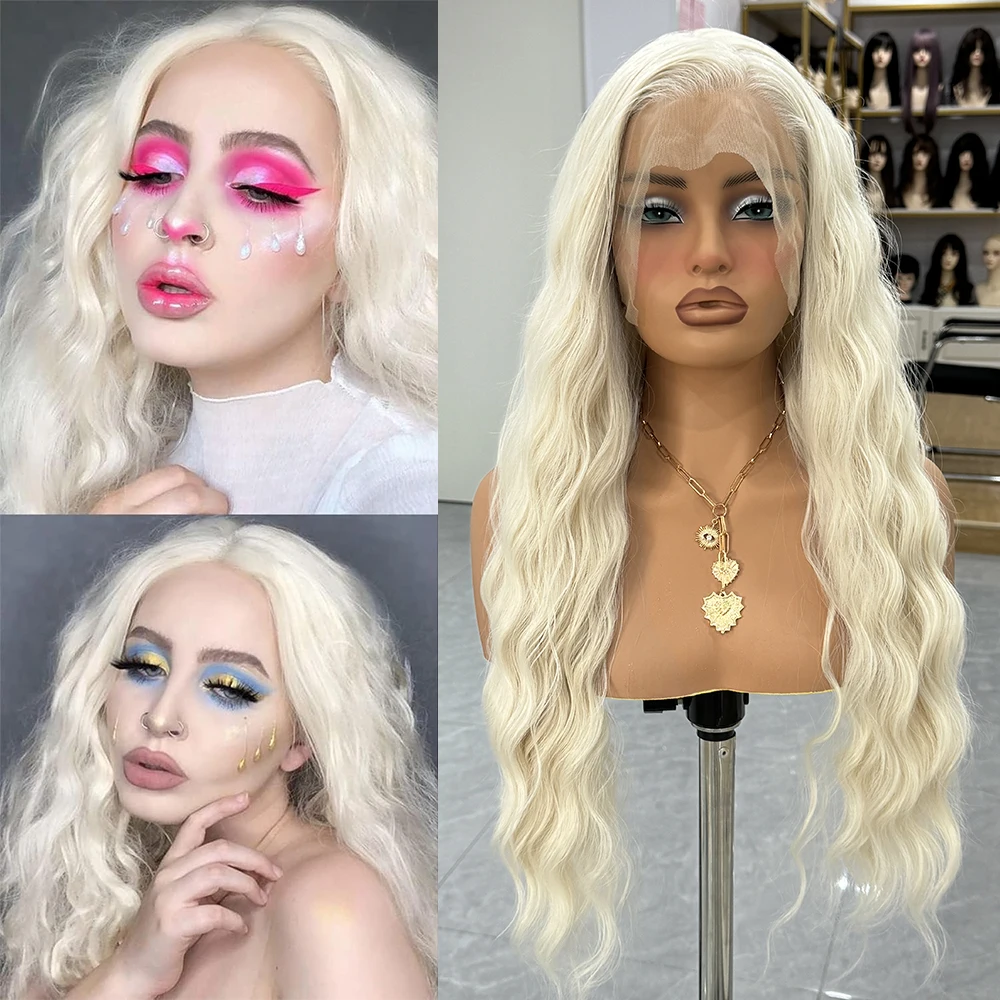 60 Platinum Blonde Deep Wave Wig Synthetic Lace Wig Long White Blonde Wig Natural Wave Frontal Lace Wigs For Women Cosplay Party