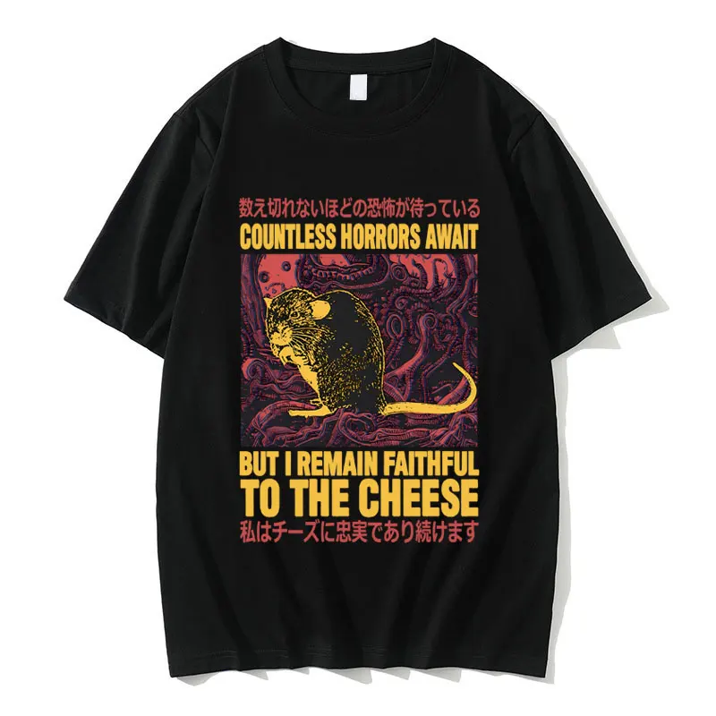 Countless Horrors Await But I Remain Faithful To The Cheese T-shirt Funny Japanese Rat Print T Shirt Men Casual Oversized Tshirt