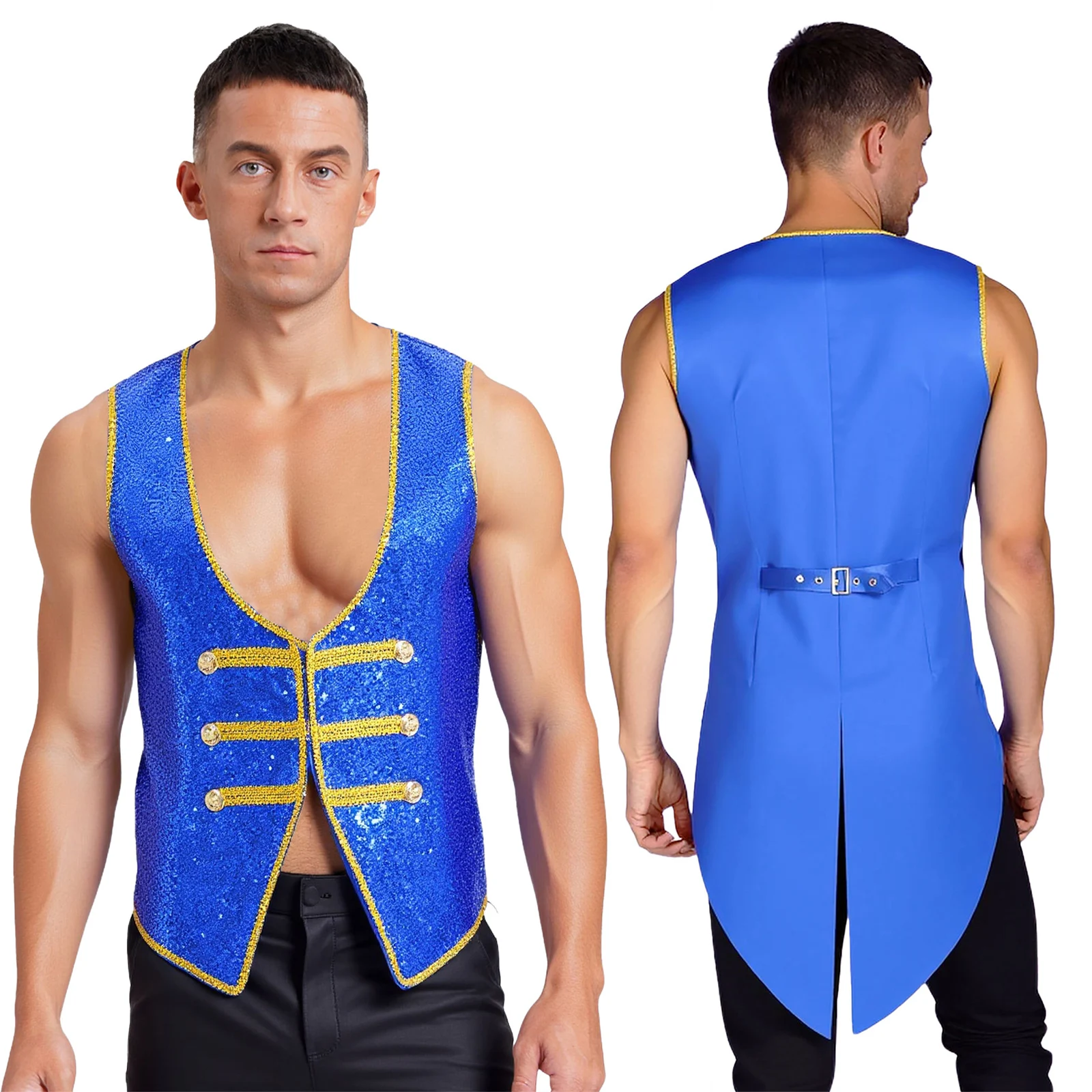 男性光沢のあるスパンコールベストチョッキ燕尾服ハロウィンテーマパーティーカーニバルサーカス団長マジシャンコスプレパフォーマンス衣装