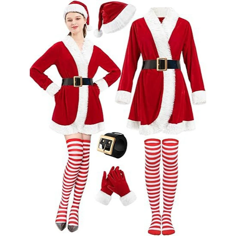 Santa Claus Costume Velvet Open Front Santa Dress Outfit with Hat Belt Gloves Striped Stockings