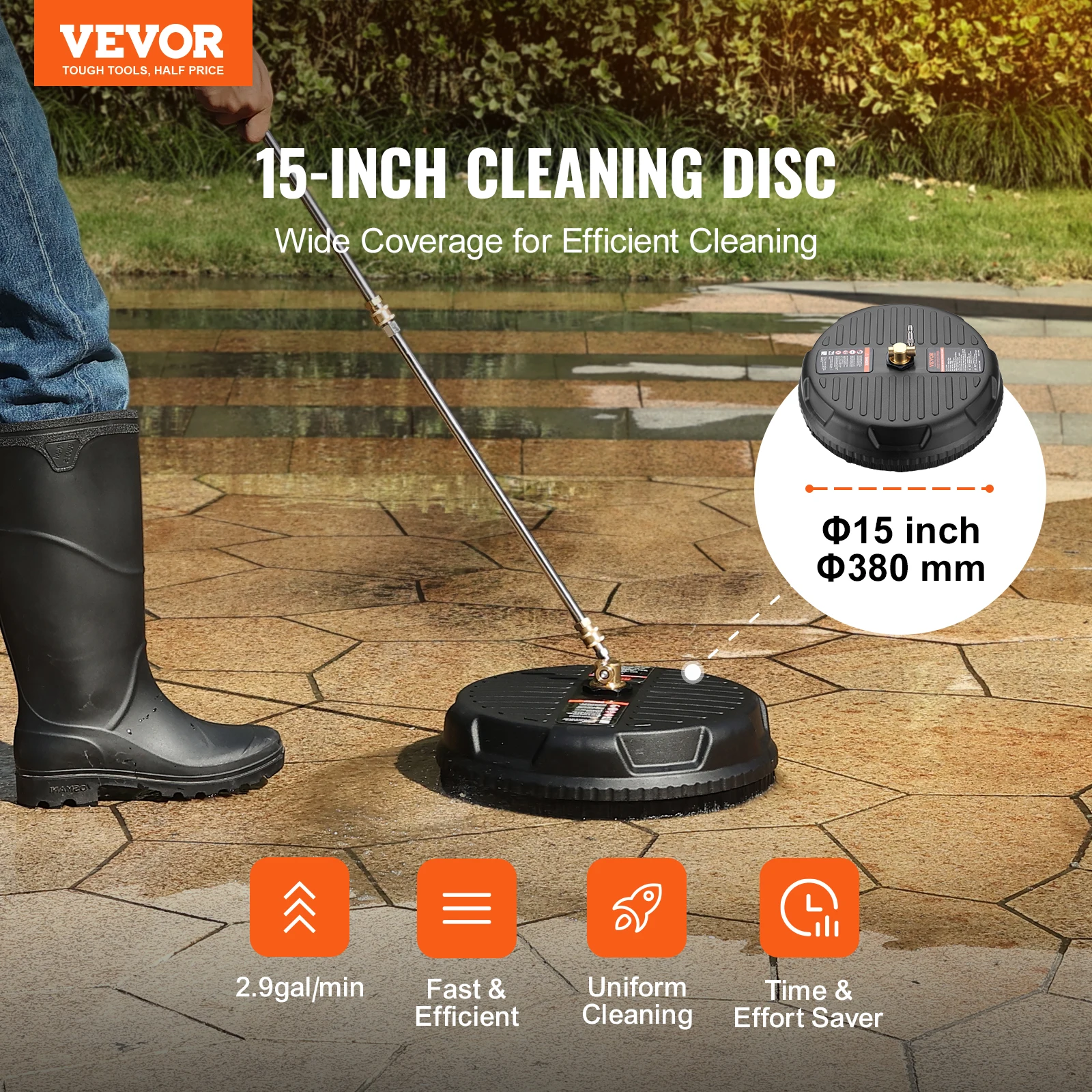 VEVOR 15/18/20/24" Pressure Washer Surface Cleaner w/ Handles & Wheels Stainless Steel Concrete Cleaner 4000 Max PSI for Garden image 2