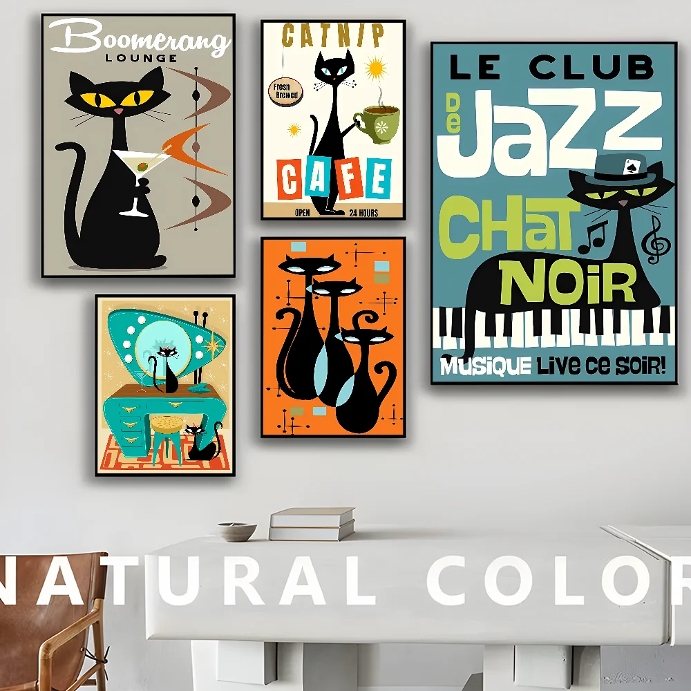Mid Century Black Cat Classic Vintage Posters Decoracion Painting Wall Art White Kraft Paper Kawaii Room Decor