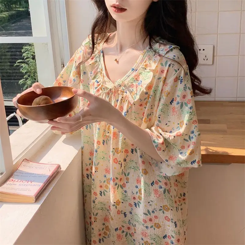 Summer Women Sleepwear Kawaii Nightgown Night Gown Print Short Sleeve Loungewear Loose Birthday Party Dresses Pajamas Japanese