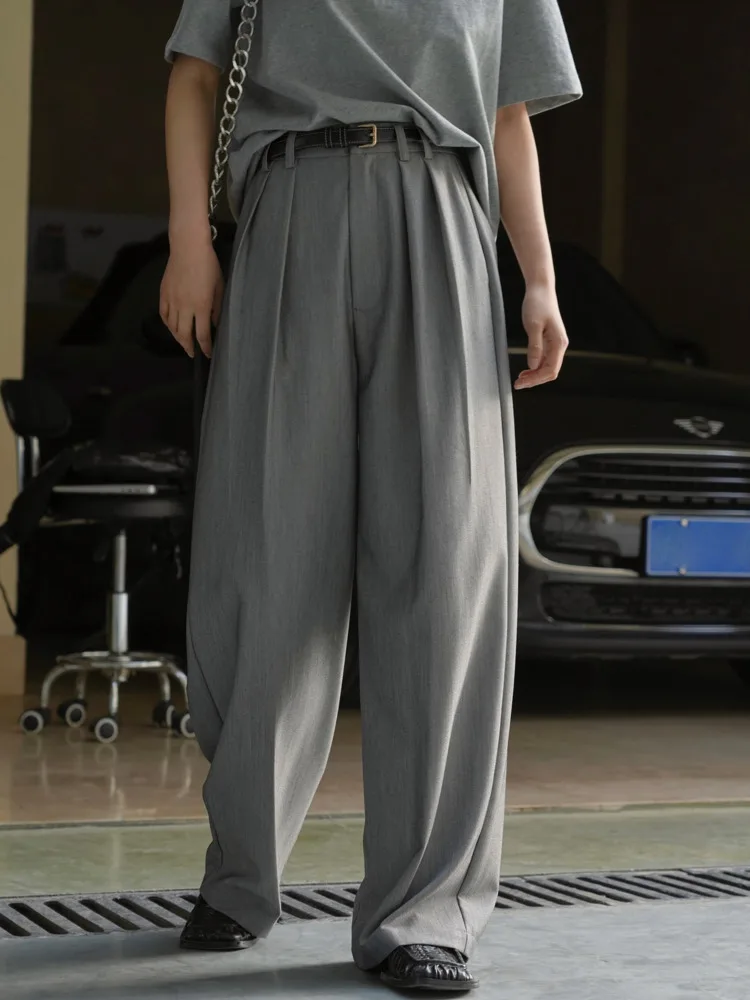 [LANMREM] Minimalism Pleasted High Waist Pants Women Straight Wide Leg Suits Trousers Office Lady 2024 Autumn New 26D8921