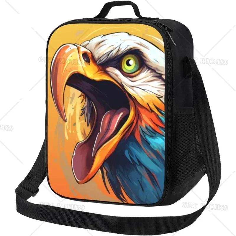 Cartoon Eagle Insulated Lunch Bag with Handle and Pocket Leak Proof Portable Lunch Box for Women Men Work Office Outdoor Picnic