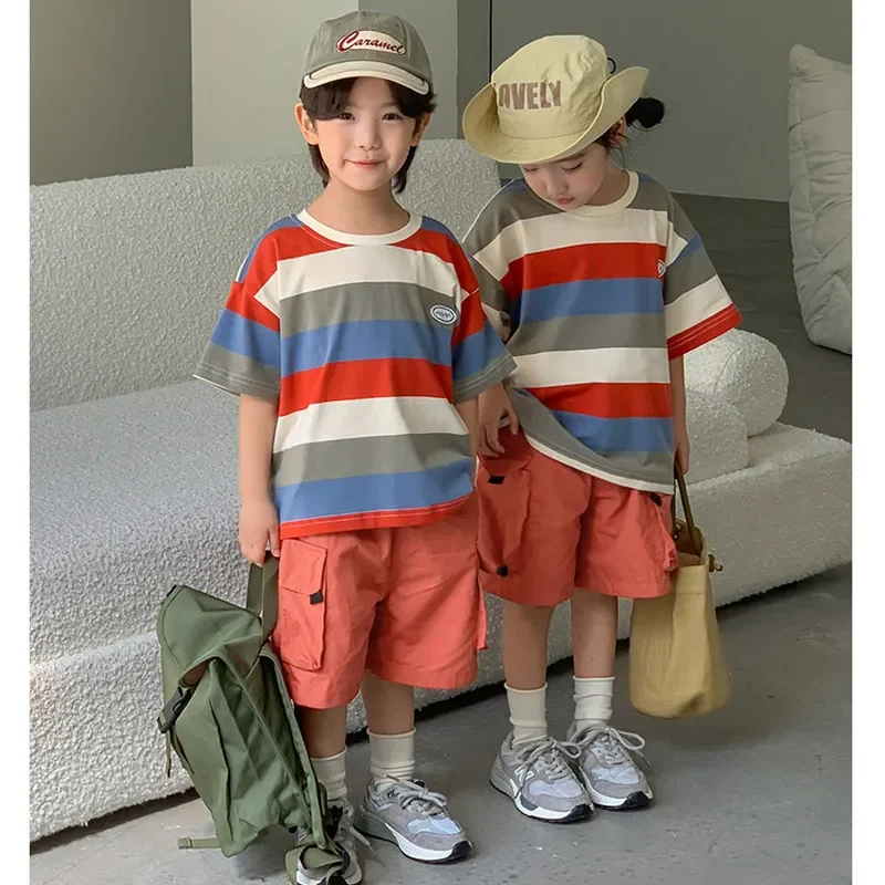 Dad Mom and Son Daughter Matching Parent-child Striped T Shirts Shorts Outfit Two Piece Sets Korean Children Clothing Summer