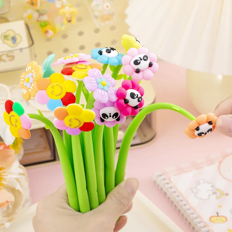 12 Pcs Creative Cartoon Stress Reduction Flower Shaker Neutral Pen Stationery Writing Supplies