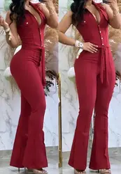 Jumpsuit Women 2023 Summer Fashion Turn Down Collar Sleeveless Sexy Plain Tied Detail Skinny Long Flared Jumpsuit Y2K Streetwear