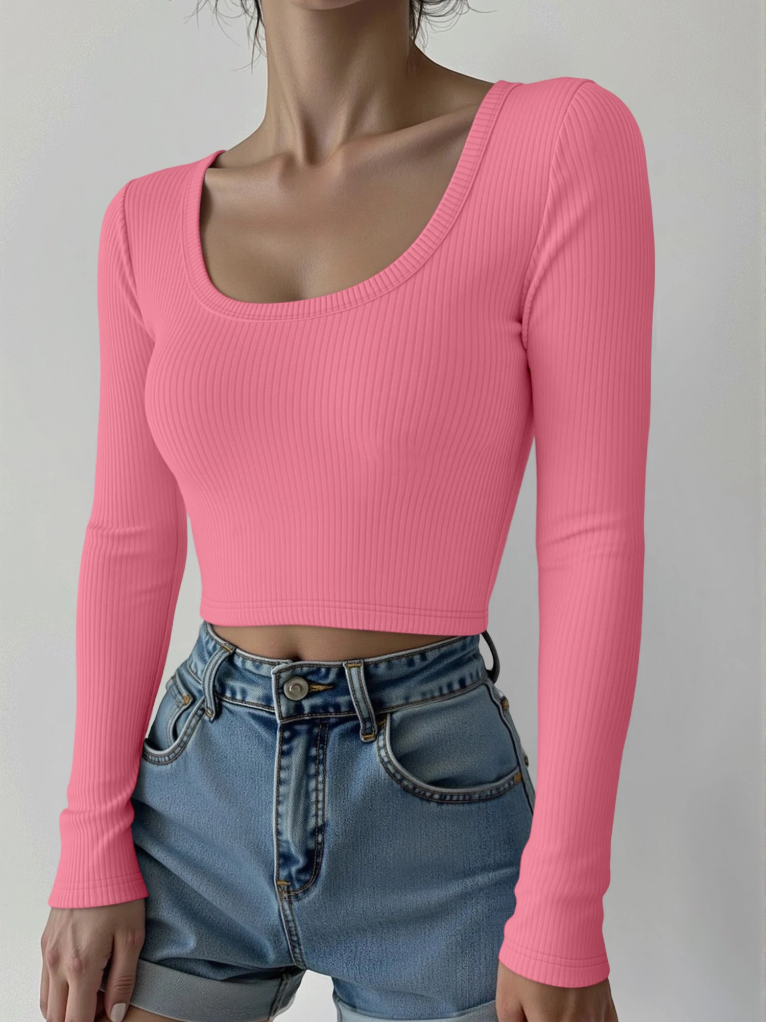 Weekend Slim Ribbed Crop Tee, Long Sleeve Square Neck Blouse for City Breaks & Outdoor Relaxation