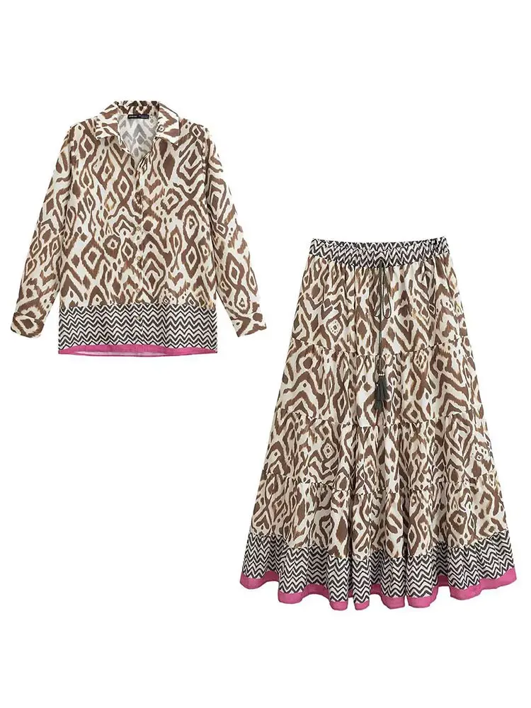 

2024 Женский комплект в стиле пэчворк с принтом, повседневная рубашка с длинными рукавами и лацканами, топ + эластичная талия на шнуровке, женская длинная юбка трапециевидной формы Y2k