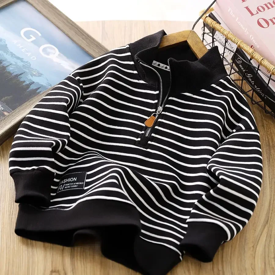 2024 New Autumn Fashion Boys Hoodies with Slanted Stripe Polo Collar Korean Long Sleeve Hooded Clothes for Kids 11 13 14Y