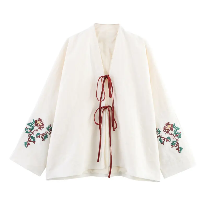 Nouveau Été 2025 femmes Faion lin Long Sve noeud brodé décoré vêtements d'extérieur coupe ample v-ne ceinturé