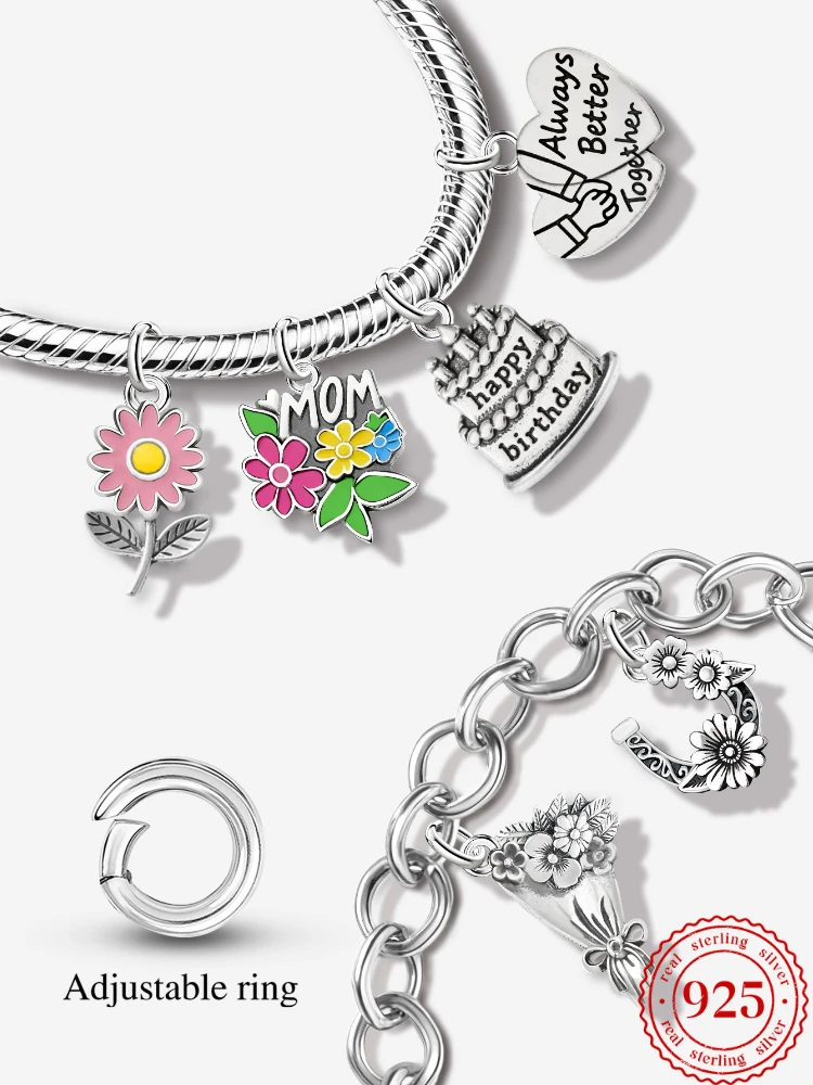 Adjustable 925 Sterling Silver  Vintage Pendants Bouquet Mom Charms Beads Fit Original Bracelet Necklace DIY Jewelry For Women