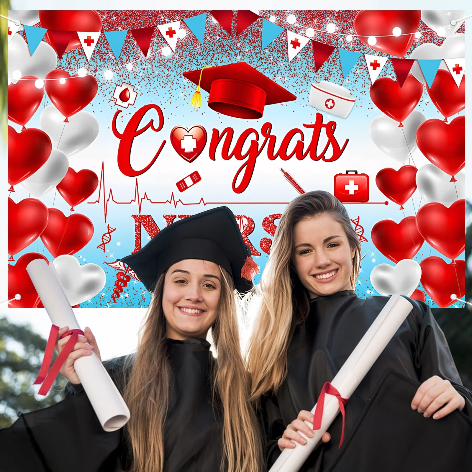 تهنئة ممرضة راية ممرضة حفلة التخرج زينة فئة 2025 غراد خلفية ممرضة غراد خلفية أزرق أحمر