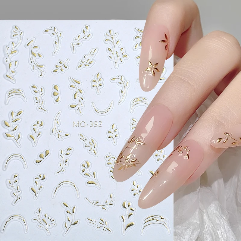 3D Gold Silver Maple Leaves Nail Stickers Leaf Branches Geometric French Nail Art Decals Self Adhesive Manicure Nail Slider