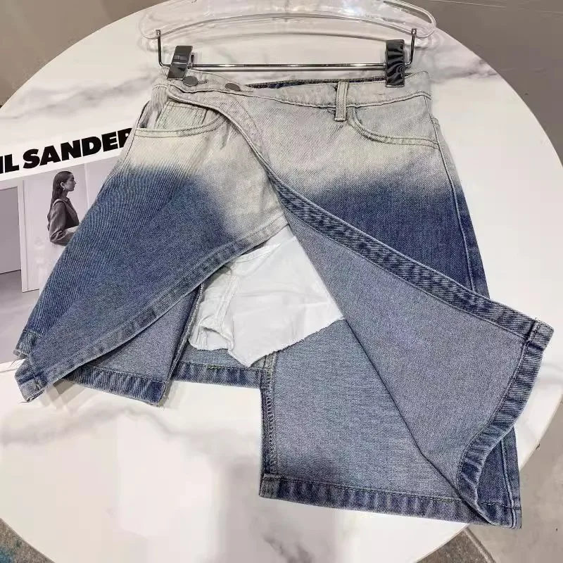 Saia curta de jeans feminina, Senso Design Feminino, Anti-Exposição, Gradiente, Irregular, Cintura alta, Fino, Verão, Novo, 2022