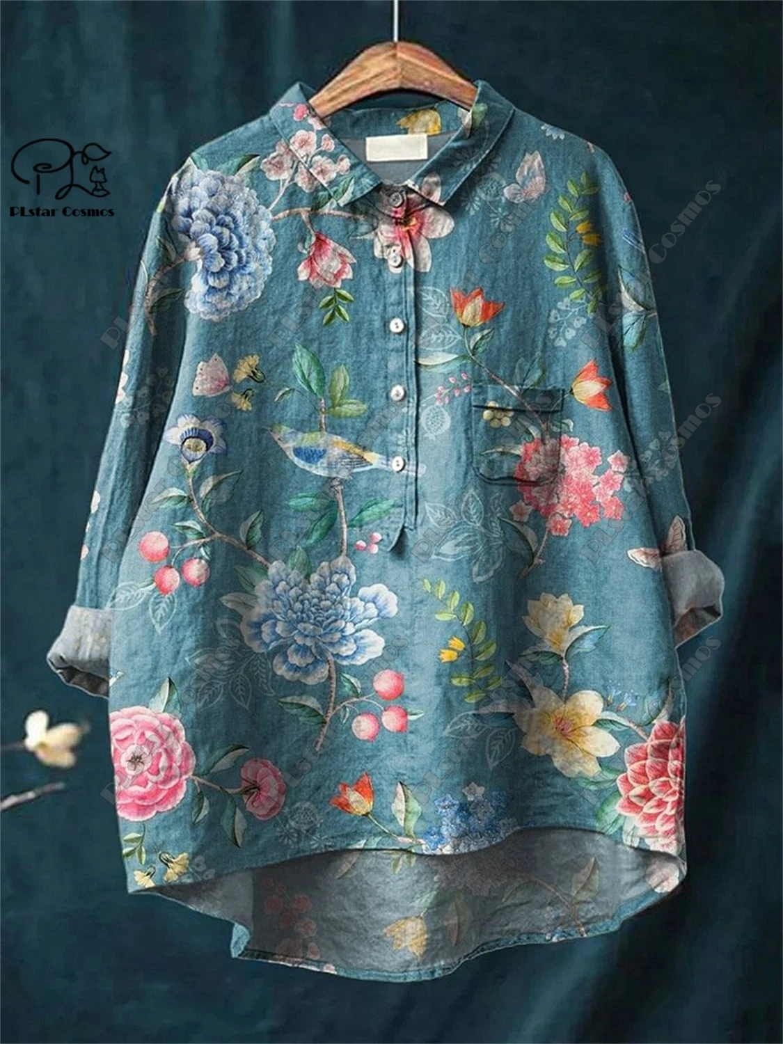 PLstar Cosmos new 3D printed women's loose retro floral fun casual printed open tube shirt  K-11