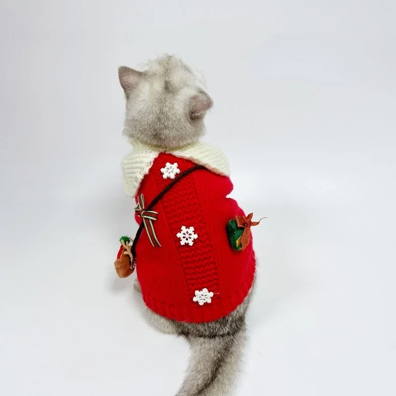 Cute Woven Pet Sweater Christmas Cross Straddle Bag Puppy Kitty Bears Autumn and Winter Warm Teddy Sweater Puppy Clothes