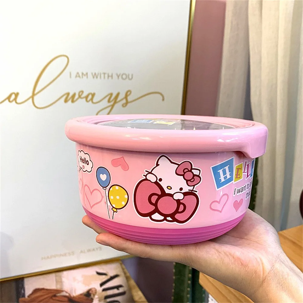 1Pcs Sanrio Stainless Steel Bowl Kawaii Kitty Noodles Mixing Bowl Cute Lunch Box Kitchen Tableware Kids Tableware