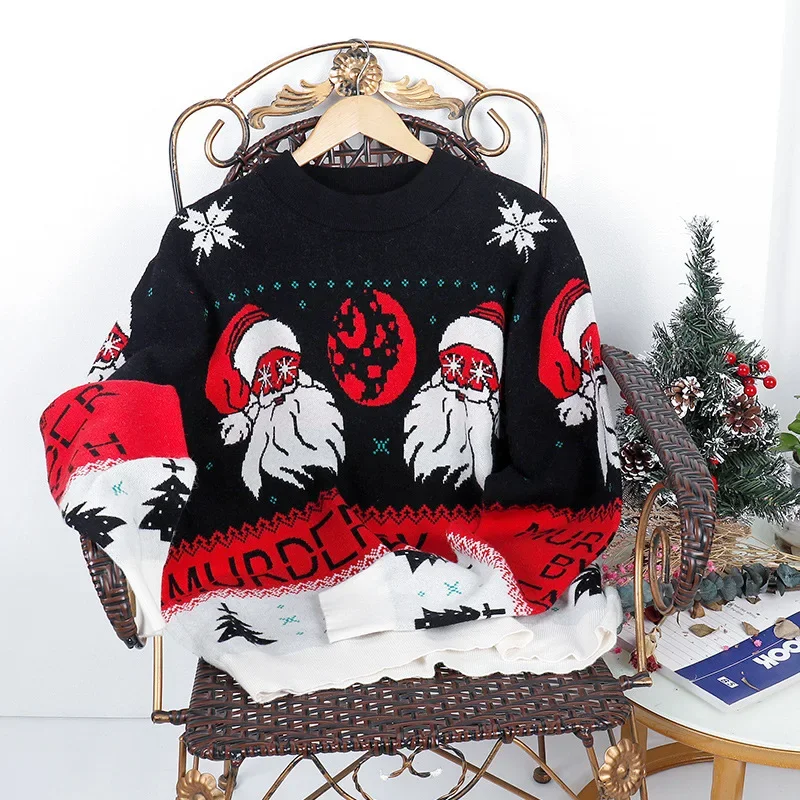 Women Sweater Christmas Snowflake Knitted Cute Santa Head Pattern Crewneck Pullover Sweater Round Neck Long Sleeve Sweater