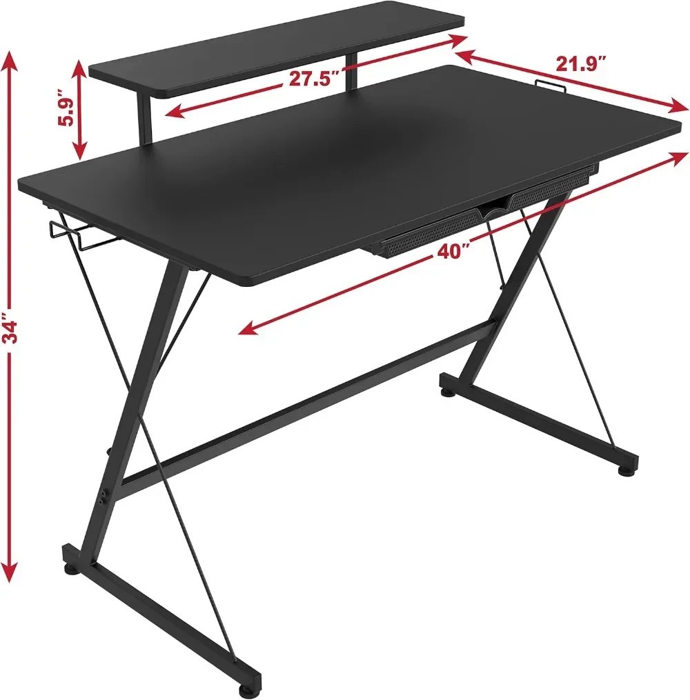 Mesa para jogos de 40 polegadas com elevador de monitor, gaveta e ganchos, preta