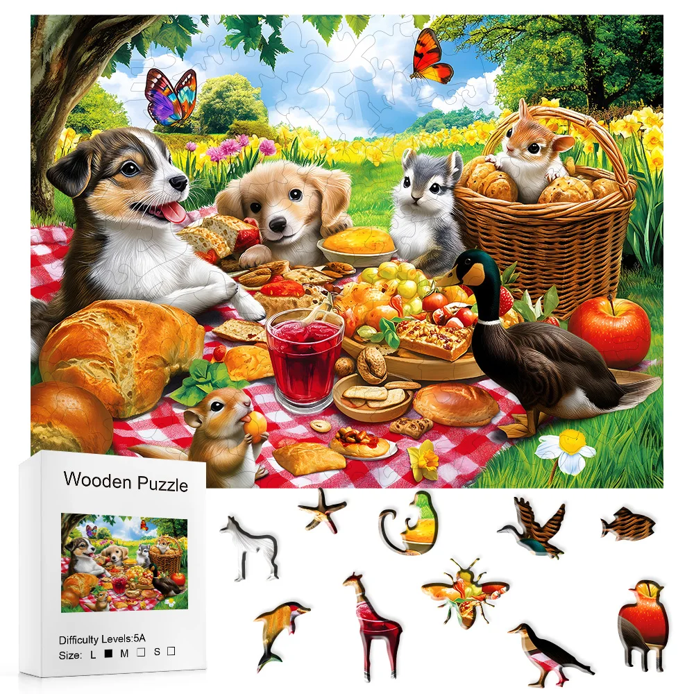 Puppy Garden Wooden Puzzle - Family Friendly Emotional Board Game, Unique Animal Patterns, A3/A5 Sizes, Comes with White Box