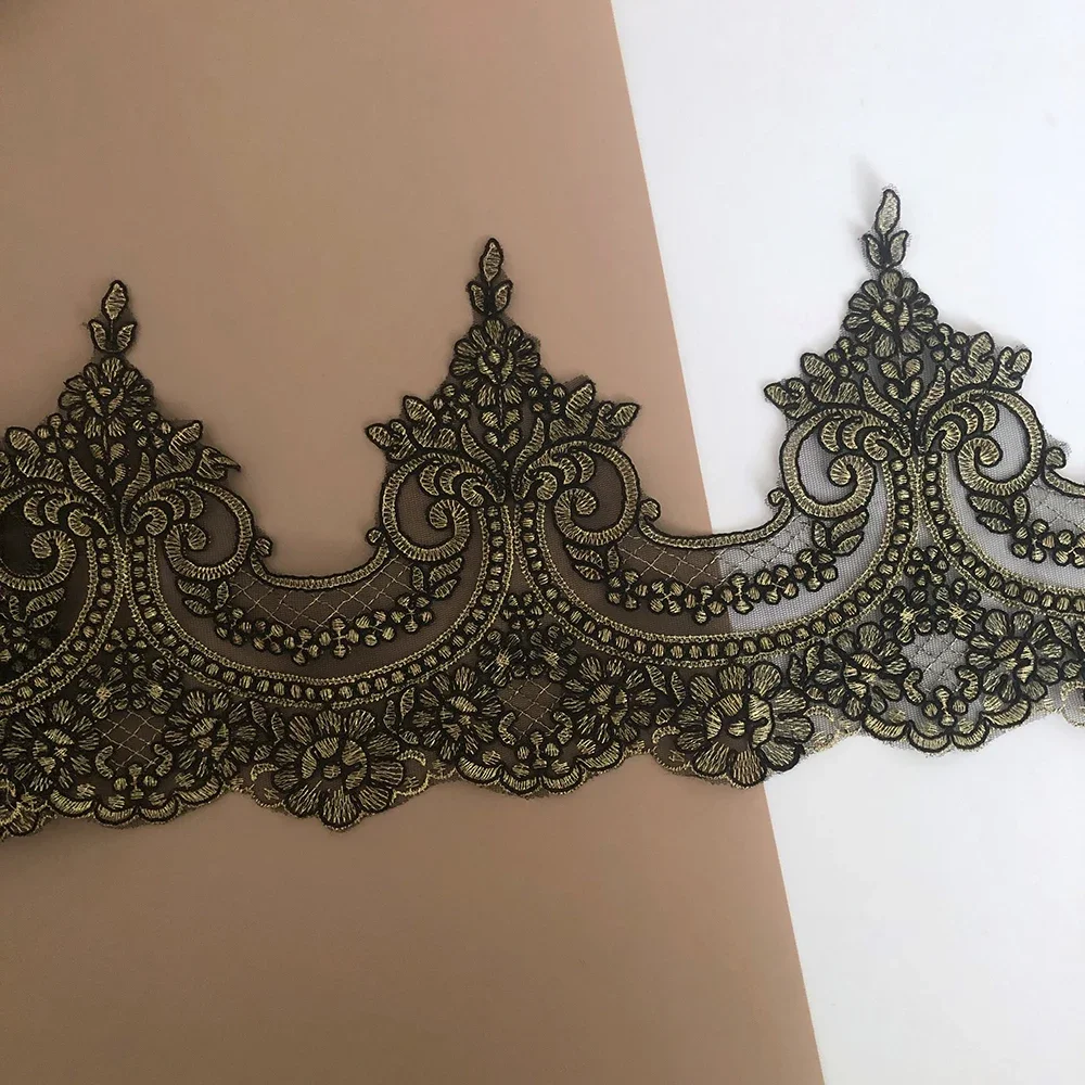 1Yard Balck Gold Embroidered Mesh Lace Trim Applique Flower Venise Sewing Craft for Wedding Dress Home Textile DIY Accessories