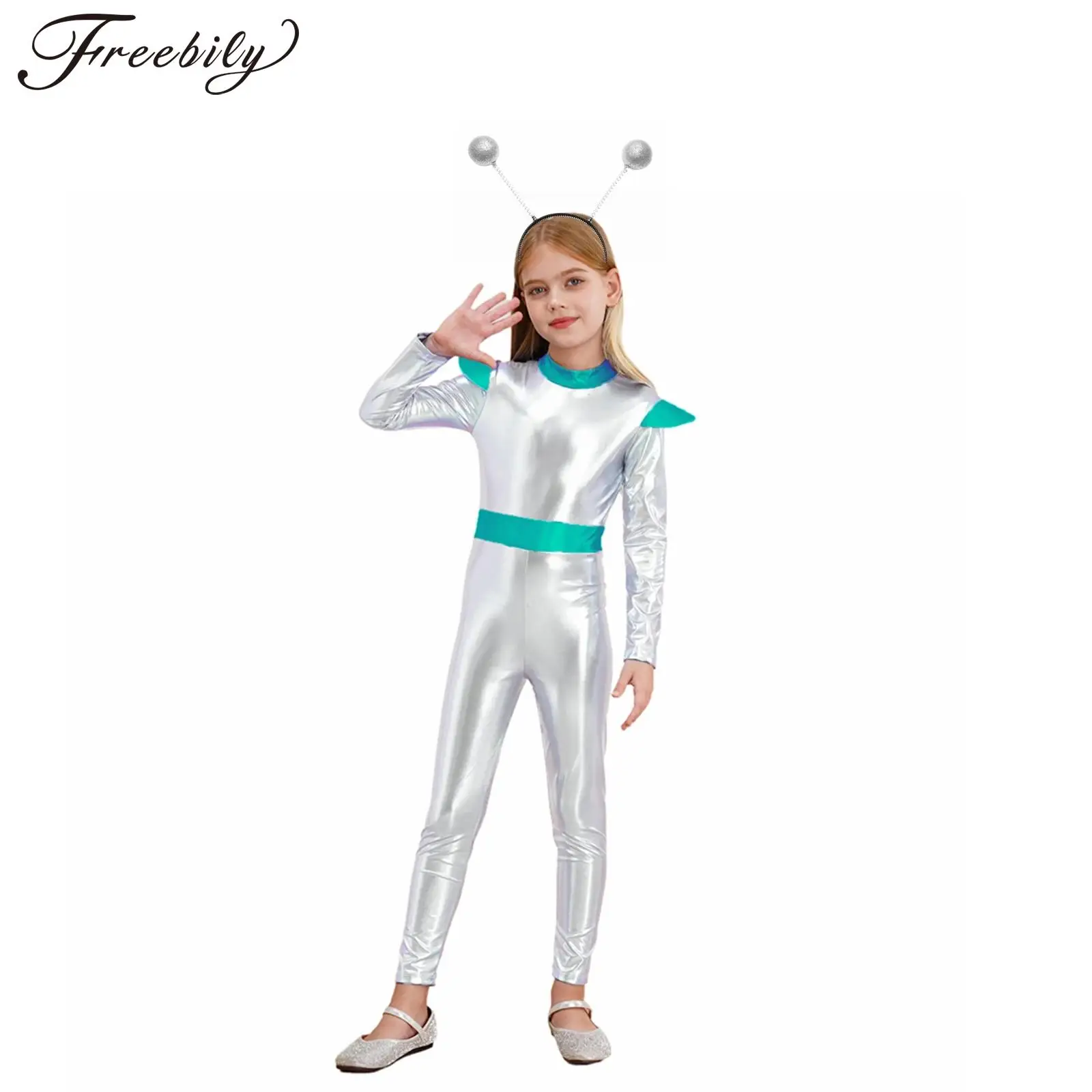 

Girls Cosplay Alien Robot Costume Outerspace Astronaut Role Play Full Length Bodysuit with Hair Hoop Roleplay Party Costumes