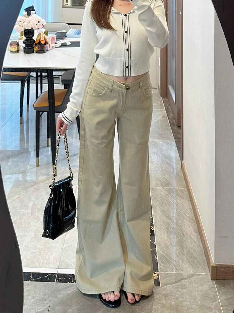 Khaki Color Slim Fit Denim Jeans Women's Autumn Winter Thiened American Sle Micro Flared Pants Simple Design Low Waist St...