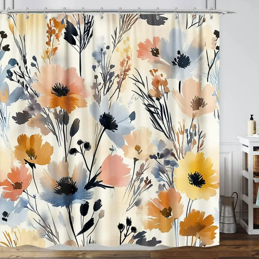 

Занавеска для душа в деревенском стиле в стиле бохо с цветочным рисунком, яркая красочная акварельная цветочная ботаническая занавеска для душа для современного декора ванной комнаты, милая мин.