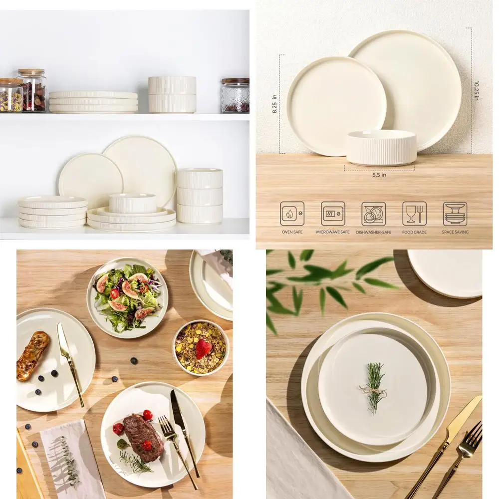 طقم أواني طعام بورسلين تتسع لـ 4 أشخاص، أطباق وأطباق خفيفة الوزن مكونة من 12 قطعة، مقاومة للخدش، آمنة للفرن والميكروويف وغسالة الأطباق، #1