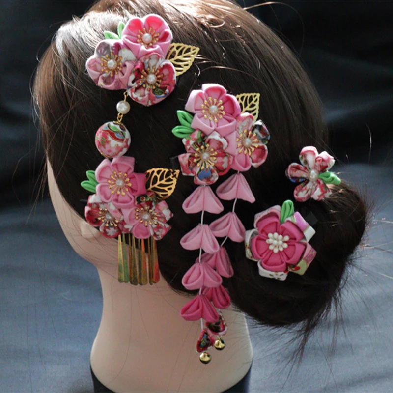 Womens Girls Kimono Traditional Outfit Japanese Hair Tie Flower Floral Fan Barrette Clip Japanese-Style Handmade Tassel Hairpin