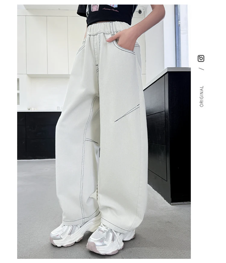 Sommerliche, dünne, einfarbige weiße Jeans im Scimitar-Stil für Teenager-Mädchen, High-Fashion-Streetwear-Hosen, lockere Jeanshose für Kinder – Detail 6