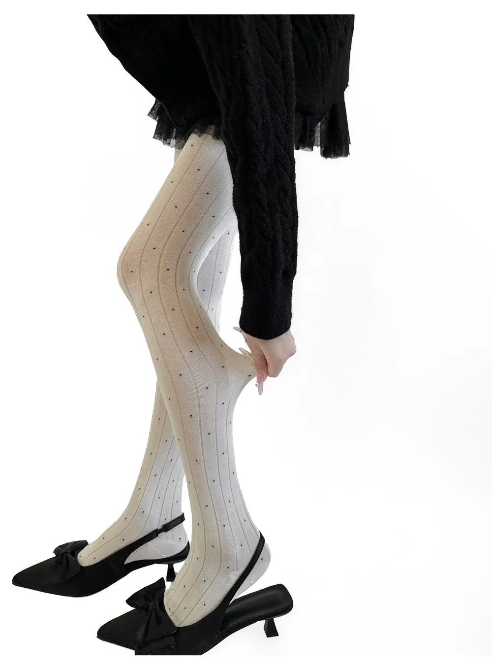 Essential Strumpfhose mit Polka-Dot-Muster, gerippte Textur, Baumwollmaterial, oberschenkelhohe Strümpfe, modische, bequeme Leggings – Detail 10