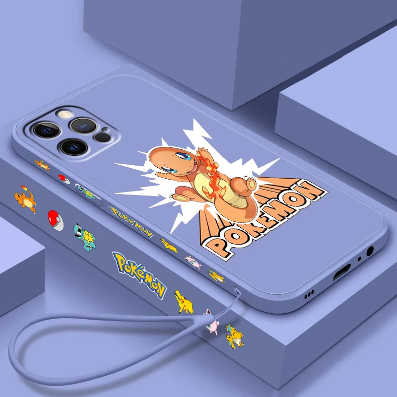 P-Pokemones Flame C-Charmanders Liquid Left Rope For Apple iPhone 15 14 13 12 11 XS XR X 8 7 SE Pro Max Plus Mini Back