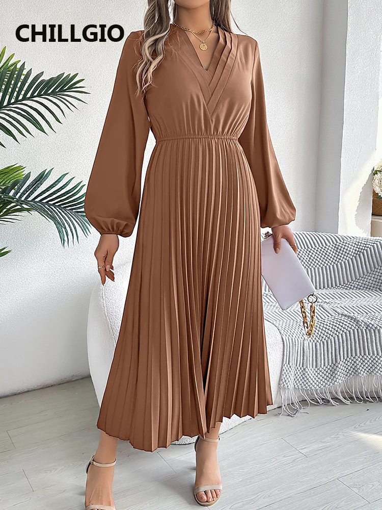 CHILLGIO Women Elegant Solid Long Dress Fashion Autumn Winter Long Sleeve V-Neck A Line Dresses Casual Office Slim Pleated Dress